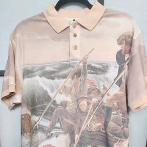 Men's AKOO Embroidered Back Polo Shirt Shark-Fishing Scene Size Large